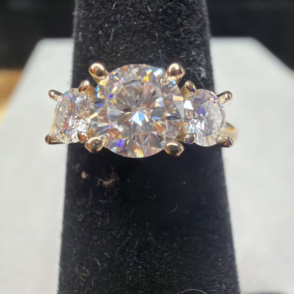 Moissanite Engagement Ring 1.50 CTW 3 Stones Oval & Round 925 Silver 24k GP Box